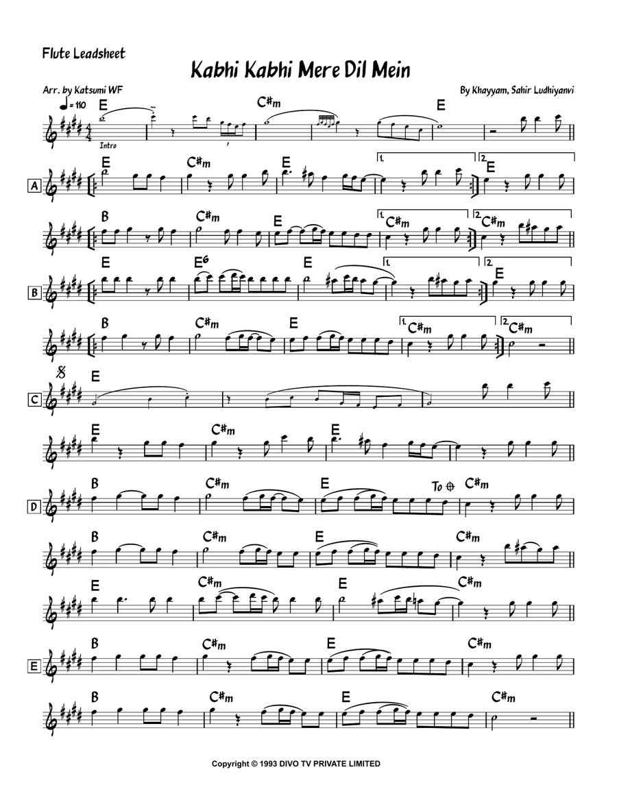 Kabhi Kabhi Mere Dil Mein Flute Solo scores gallery preview page 1