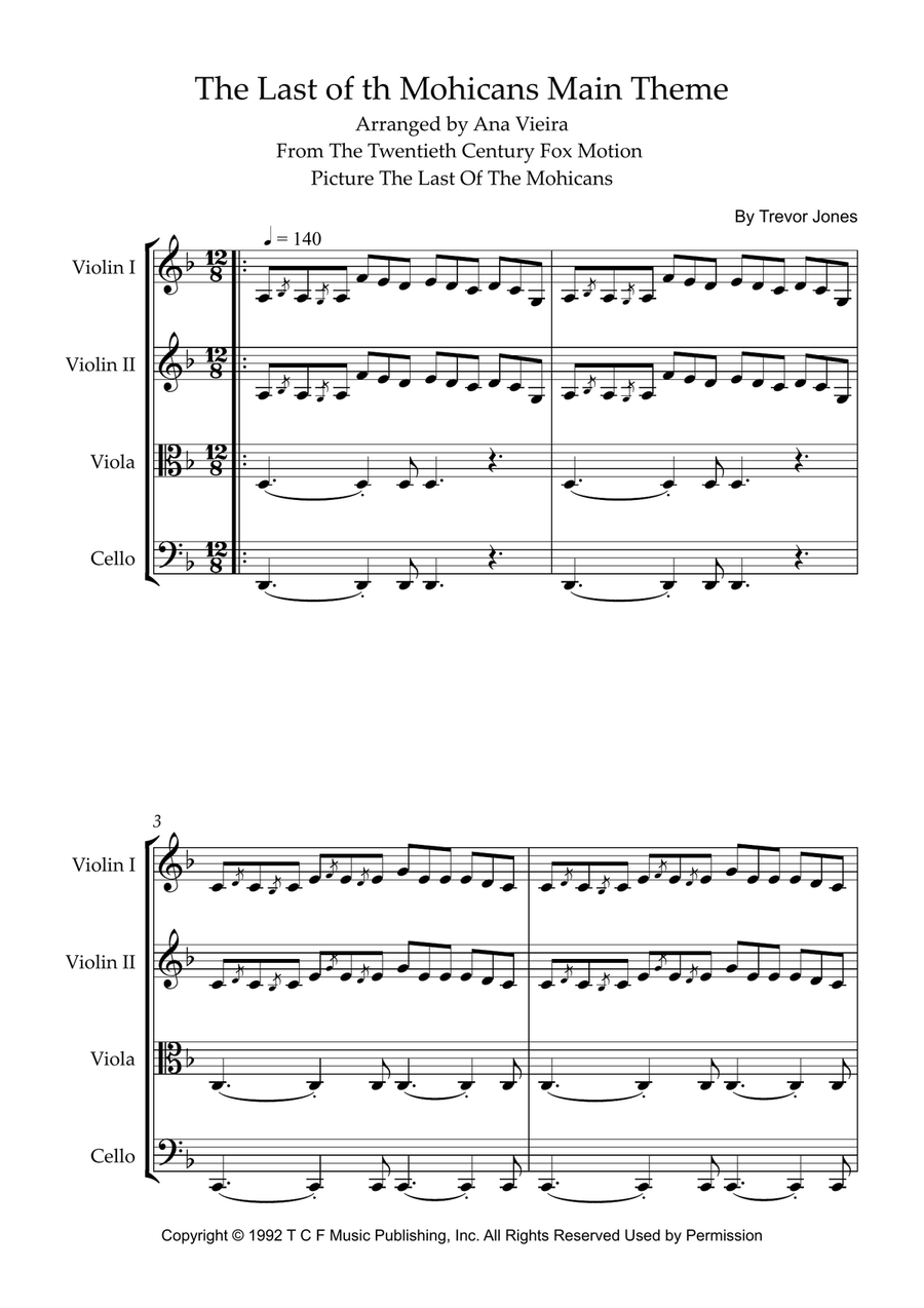 Last Of The Mohicans (Main Theme) String Quartet scores gallery preview page 1