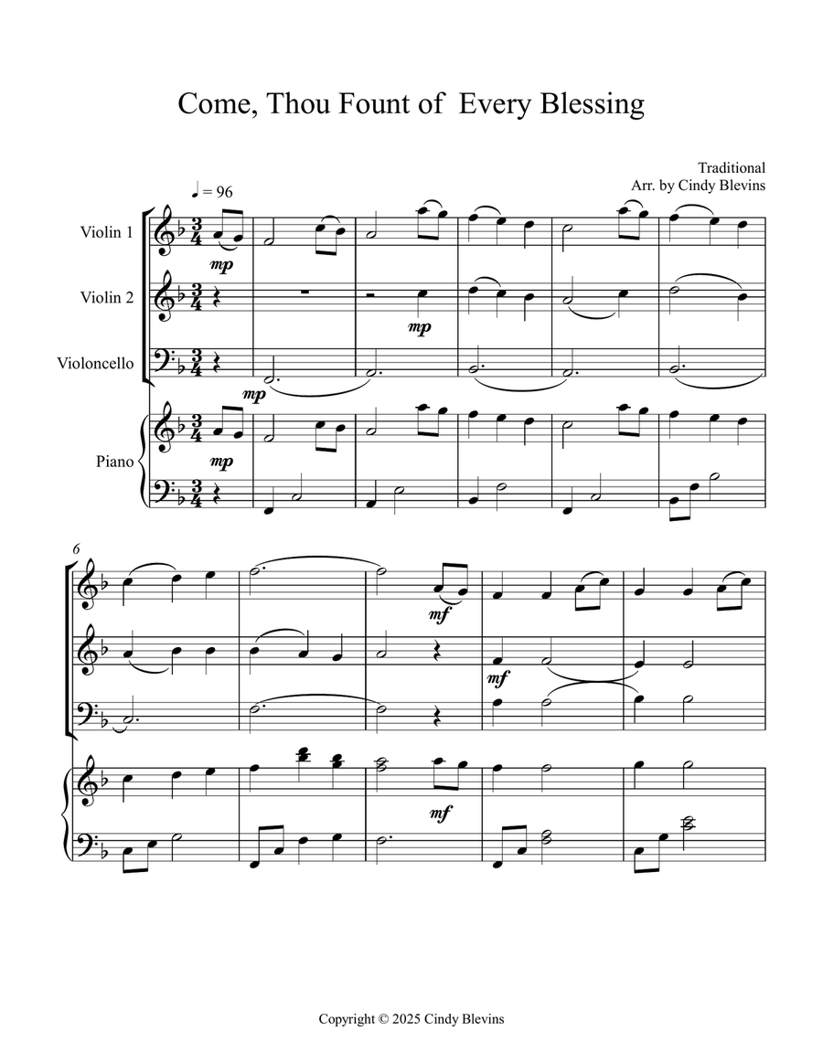 Come, Thou Fount of Every Blessing, for Two Violins, Cello and Piano Piano Quartet scores gallery preview page 2