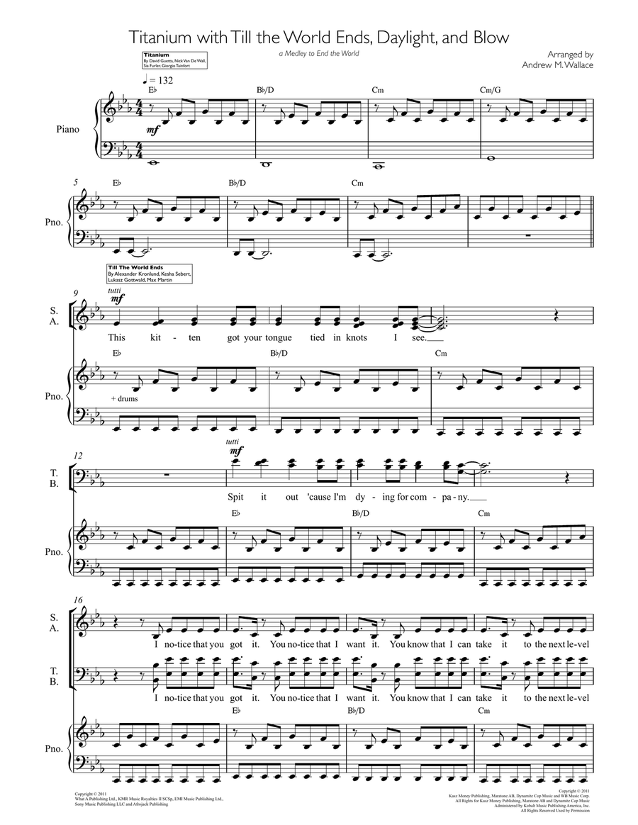 Medley: Titanium with Till The World Ends, Daylight, and Blow 4-Part scores gallery preview page 1