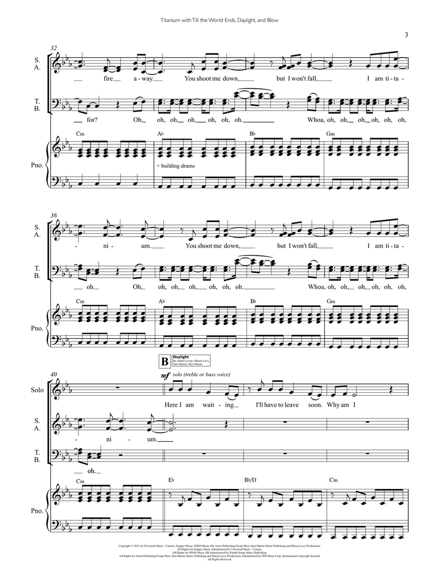 Medley: Titanium with Till The World Ends, Daylight, and Blow 4-Part scores gallery preview page 3