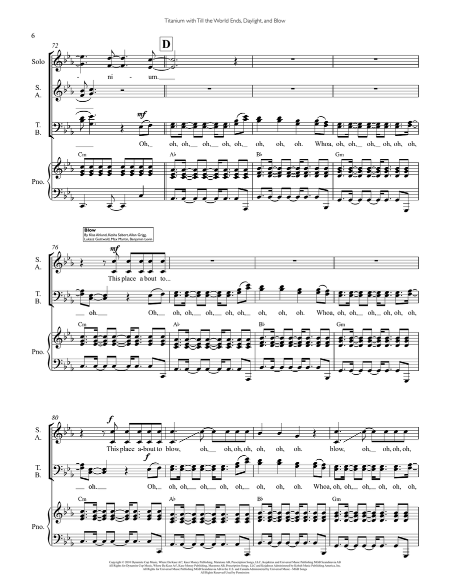 Medley: Titanium with Till The World Ends, Daylight, and Blow 4-Part scores gallery preview page 6