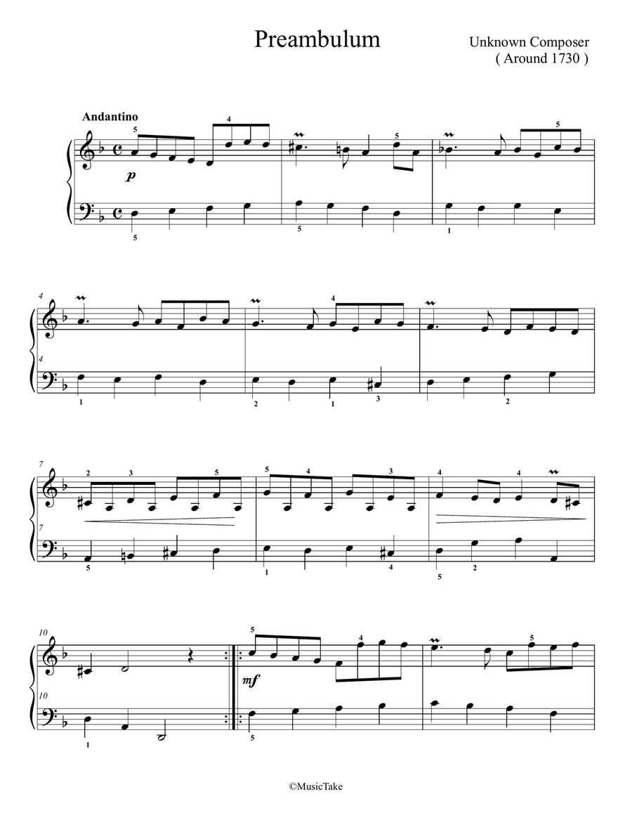 Unknown Composer Preambulum Easy Piano scores gallery preview page 1
