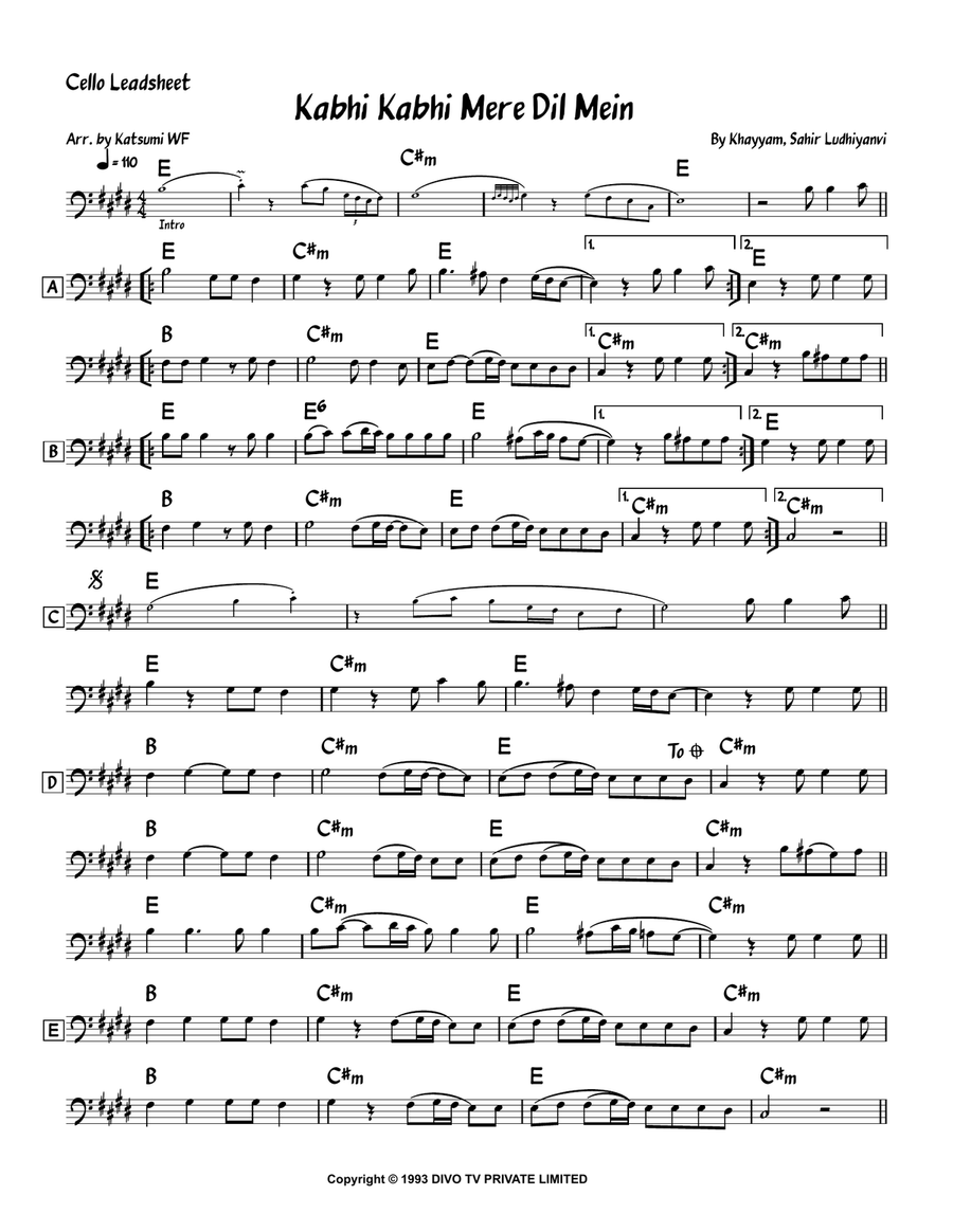 Kabhi Kabhi Mere Dil Mein Cello Solo scores gallery preview page 1