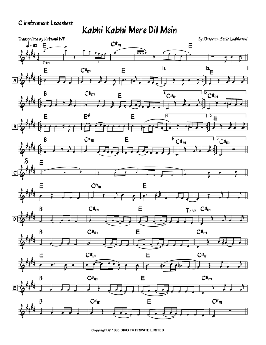 Kabhi Kabhi Mere Dil Mein Piano scores gallery preview page 1