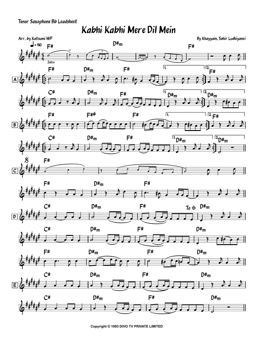 Kabhi Kabhi Mere Dil Mein Tenor Saxophone scores gallery preview page 1