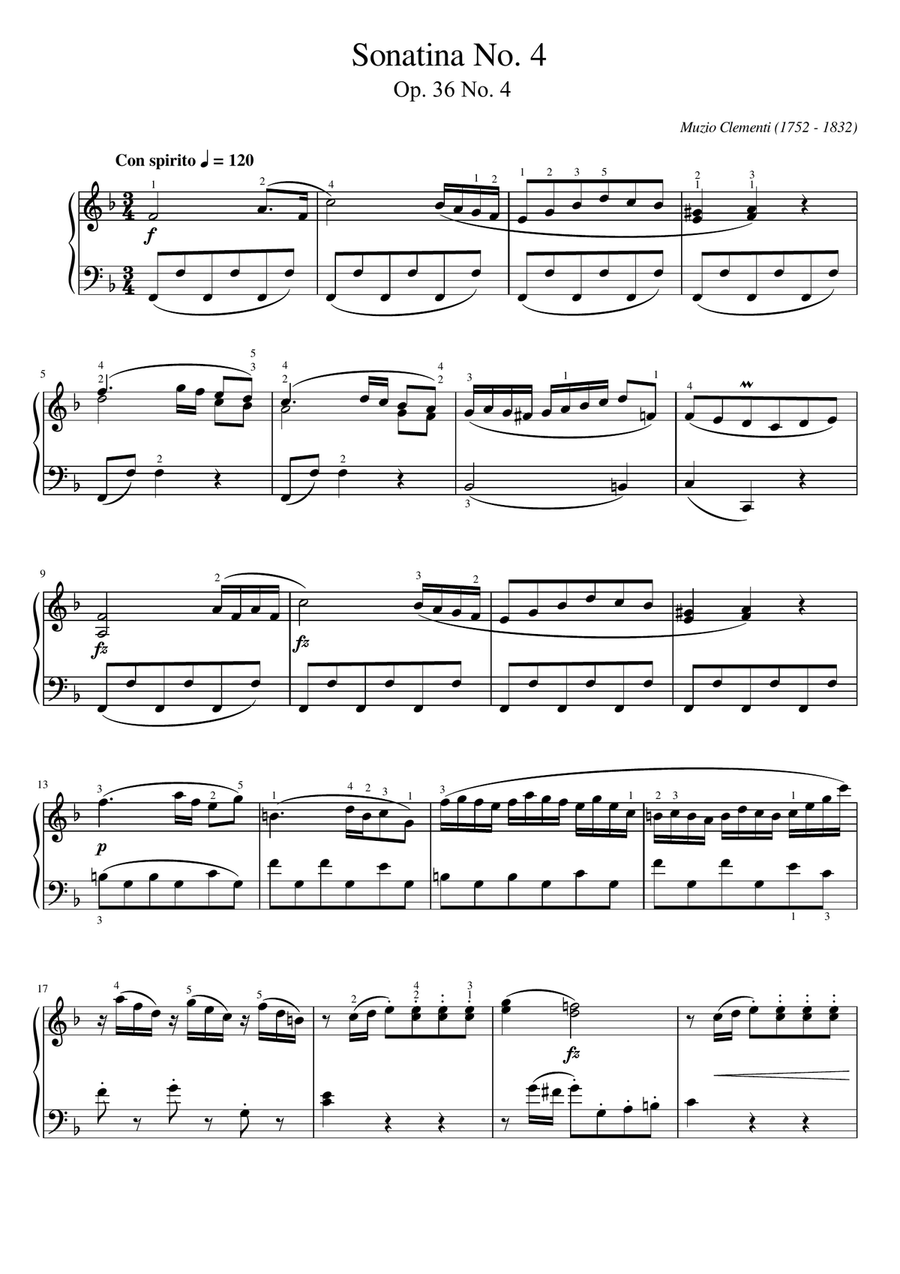 Clementi - Sonatina in F Major, Op.36 No.4 - Original With Fingering For Piano Solo Complete‌ Piano Solo scores gallery preview page 1