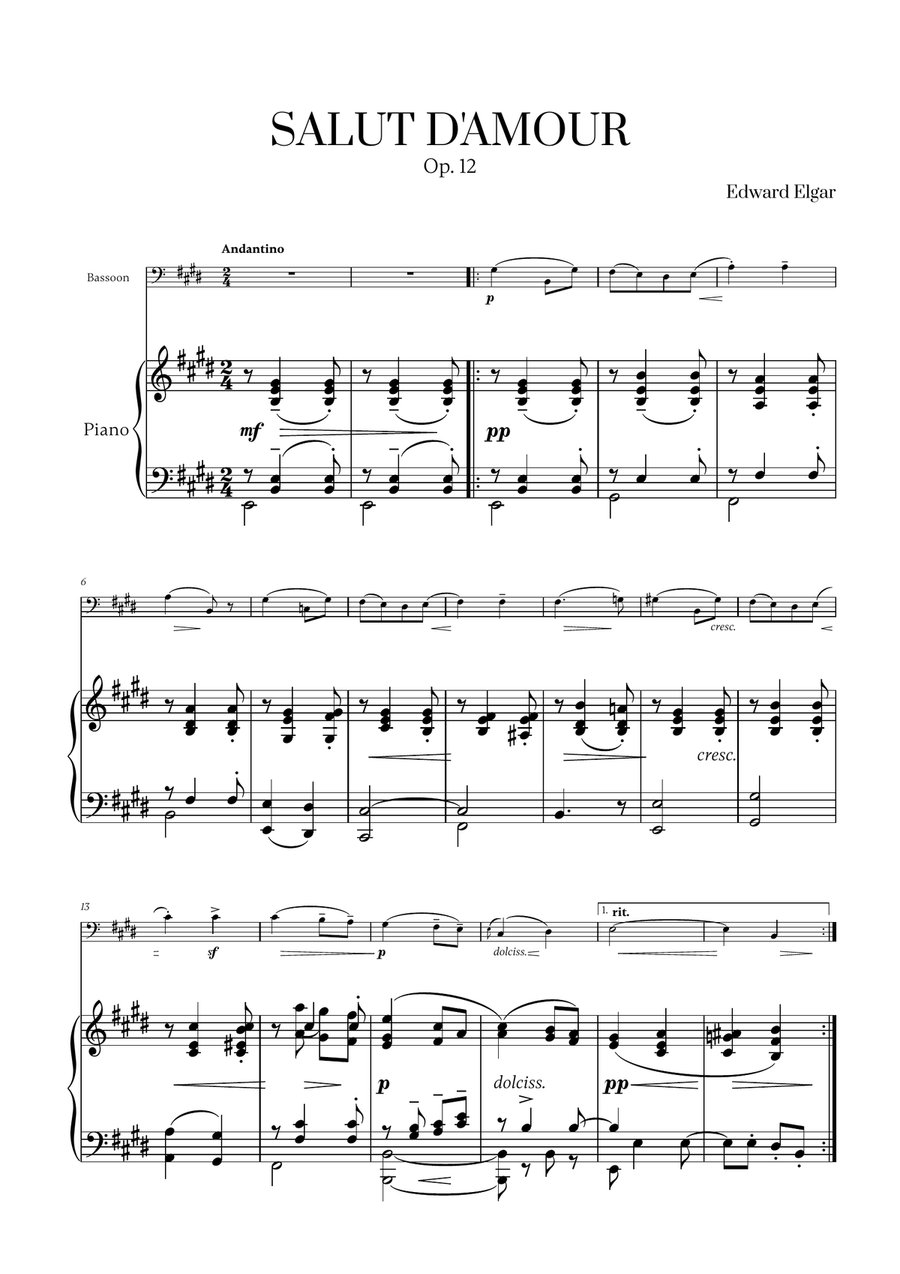 Edward Elgar - Salut d'Amour for Bassoon and Piano Bassoon Solo scores gallery preview page 1