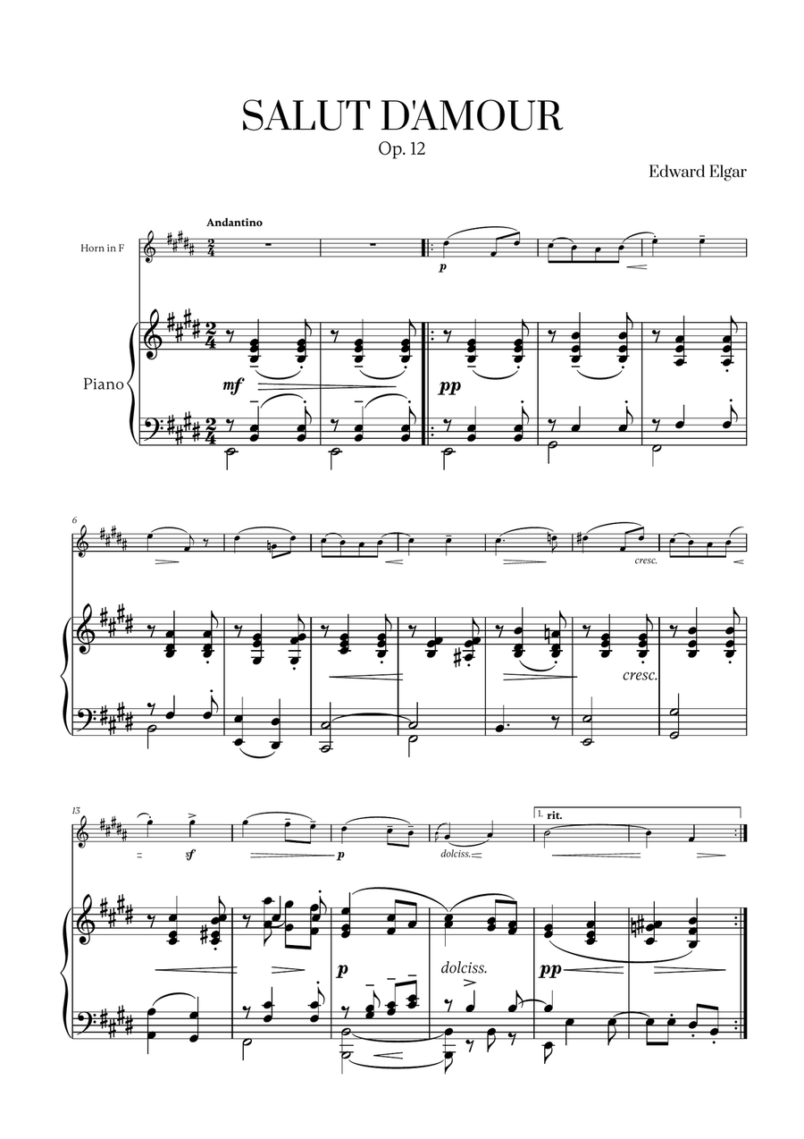 Edward Elgar - Salut d'Amour for French Horn and Piano Piano scores gallery preview page 1