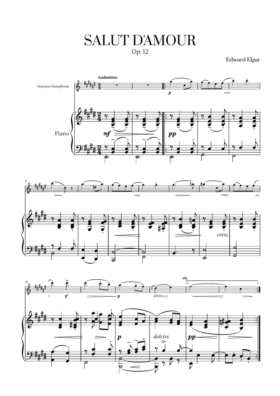 Edward Elgar - Salut d'Amour for Soprano Saxophone and Piano Soprano Saxophone scores gallery preview page 1