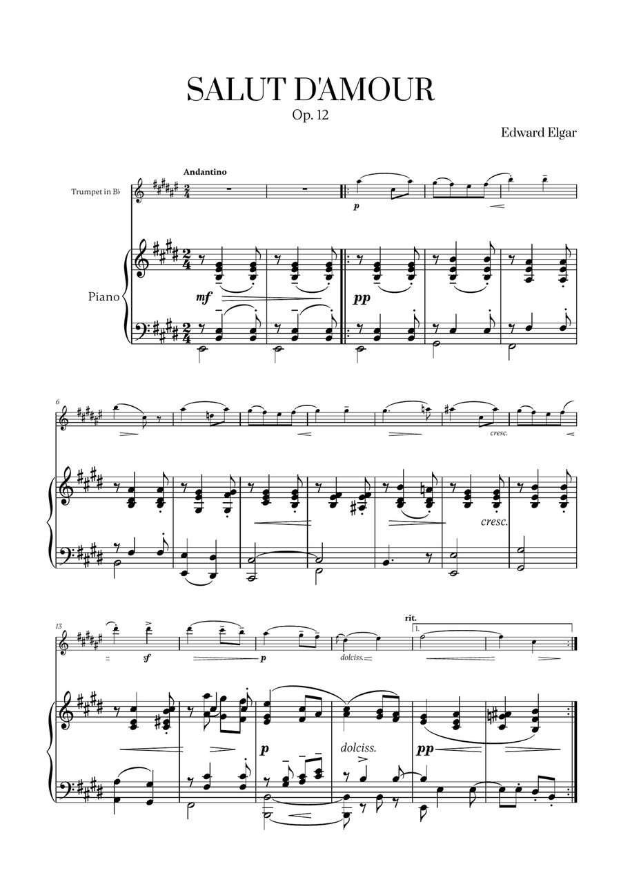 Edward Elgar - Salut d'Amour for Trumpet in Bb and Piano B-Flat Trumpet scores gallery preview page 1