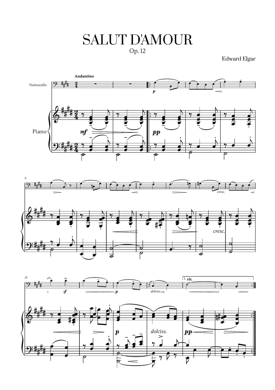 Edward Elgar - Salut d'Amour for Cello and Piano Piano scores gallery preview page 1