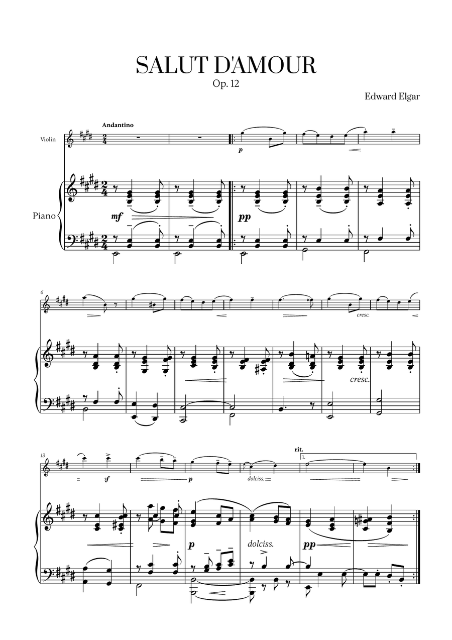 Edward Elgar - Salut d'Amour for Violin and Piano Violin Solo scores gallery preview page 1