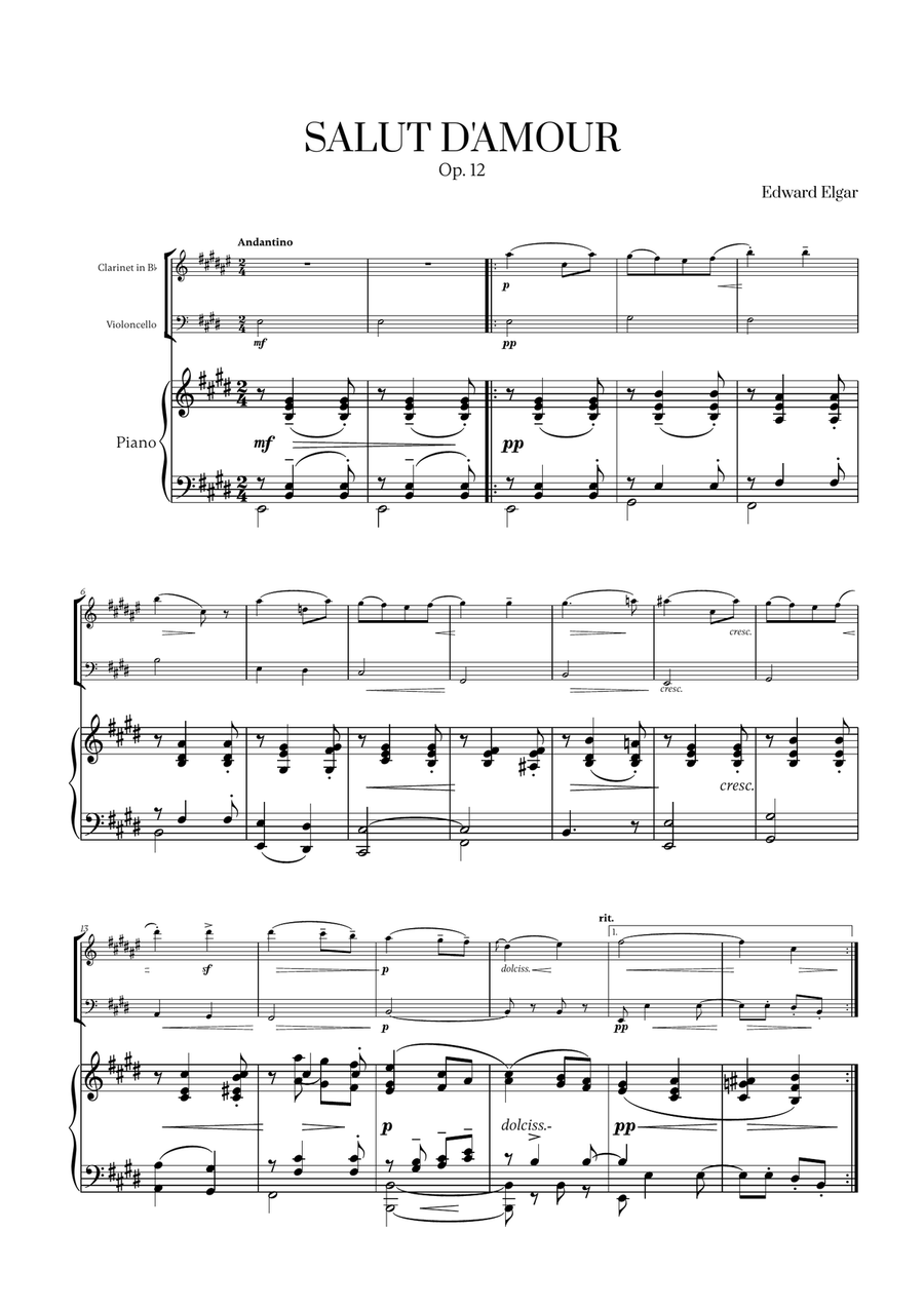 Edward Elgar - Salut d'Amour for Clarinet, Cello and Piano B-Flat Clarinet scores gallery preview page 1