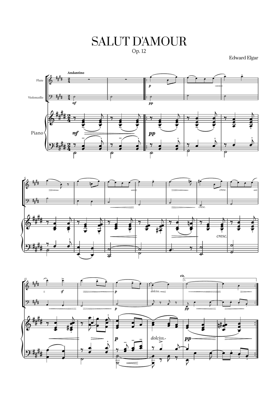 Edward Elgar - Salut d'Amour for Flute, Cello and Piano Flute scores gallery preview page 1
