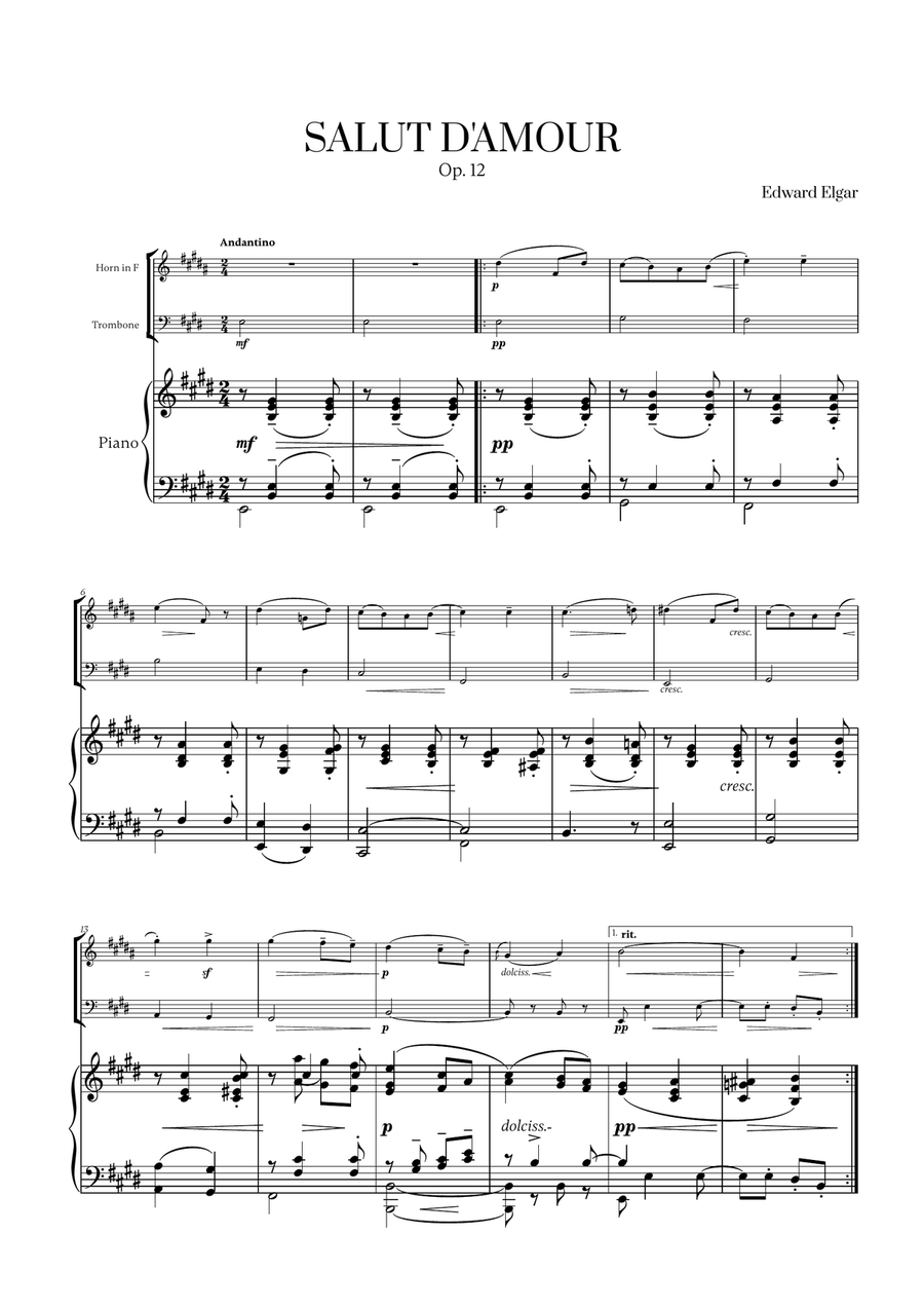 Edward Elgar - Salut d'Amour for French Horn, Trombone and Piano Brass Duet scores gallery preview page 1