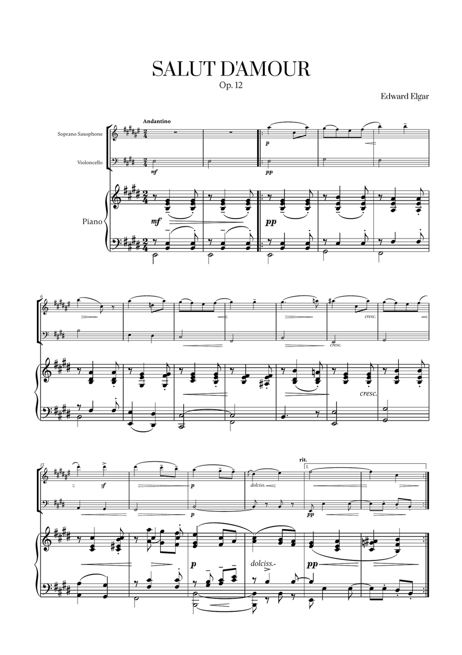 Edward Elgar - Salut d'Amour for Soprano Saxophone, Cello and Piano Soprano Saxophone scores gallery preview page 1