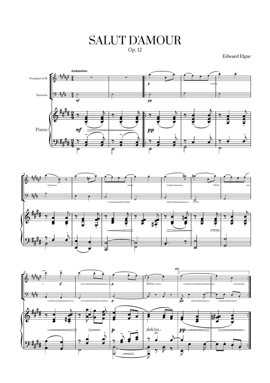 Edward Elgar - Salut d'Amour for Trumpet in Bb, Bassoon and Piano Bassoon Solo scores gallery preview page 1