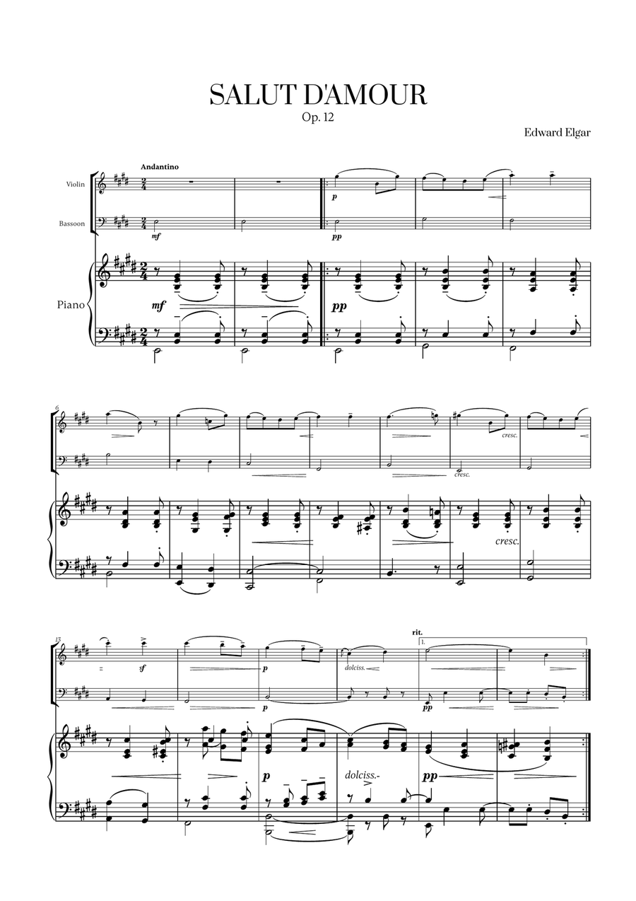 Edward Elgar - Salut d'Amour for Violin, Bassoon and Piano Bassoon scores gallery preview page 1