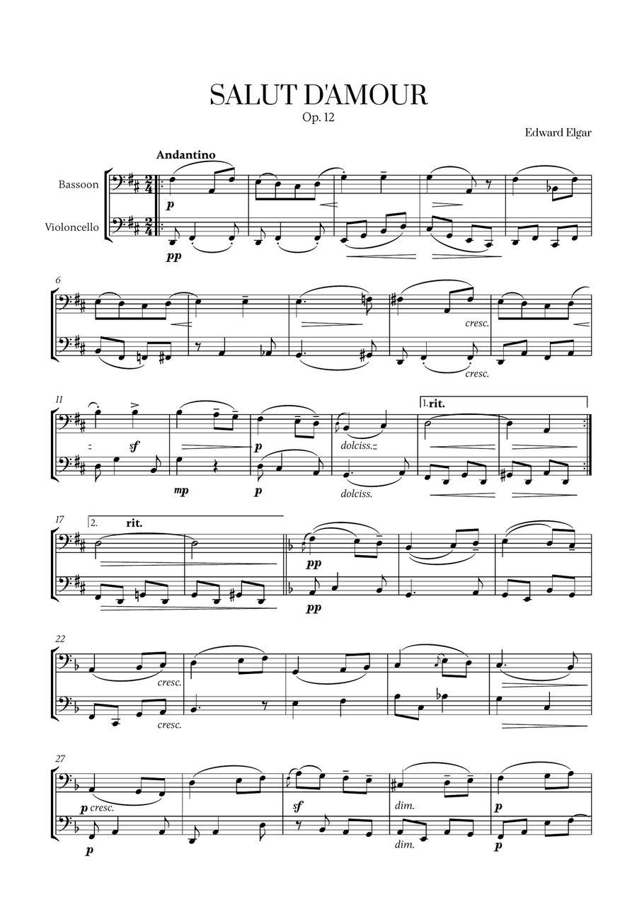 Edward Elgar - Salut d'Amour (D major) (for Bassoon and Cello) Bassoon scores gallery preview page 1