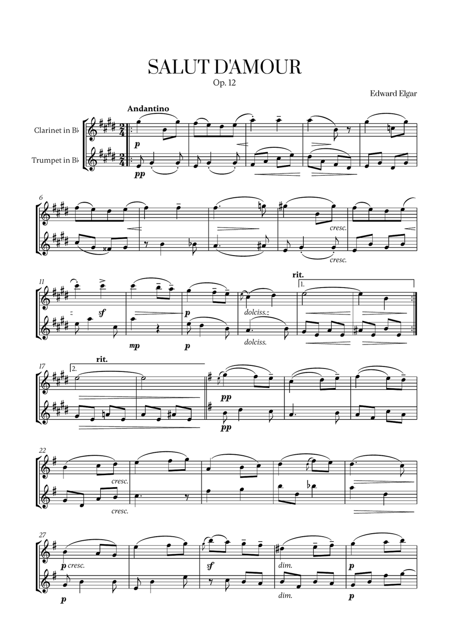 Edward Elgar - Salut d'Amour (D major) (for Clarinet and Trumpet) B-Flat Clarinet scores gallery preview page 1