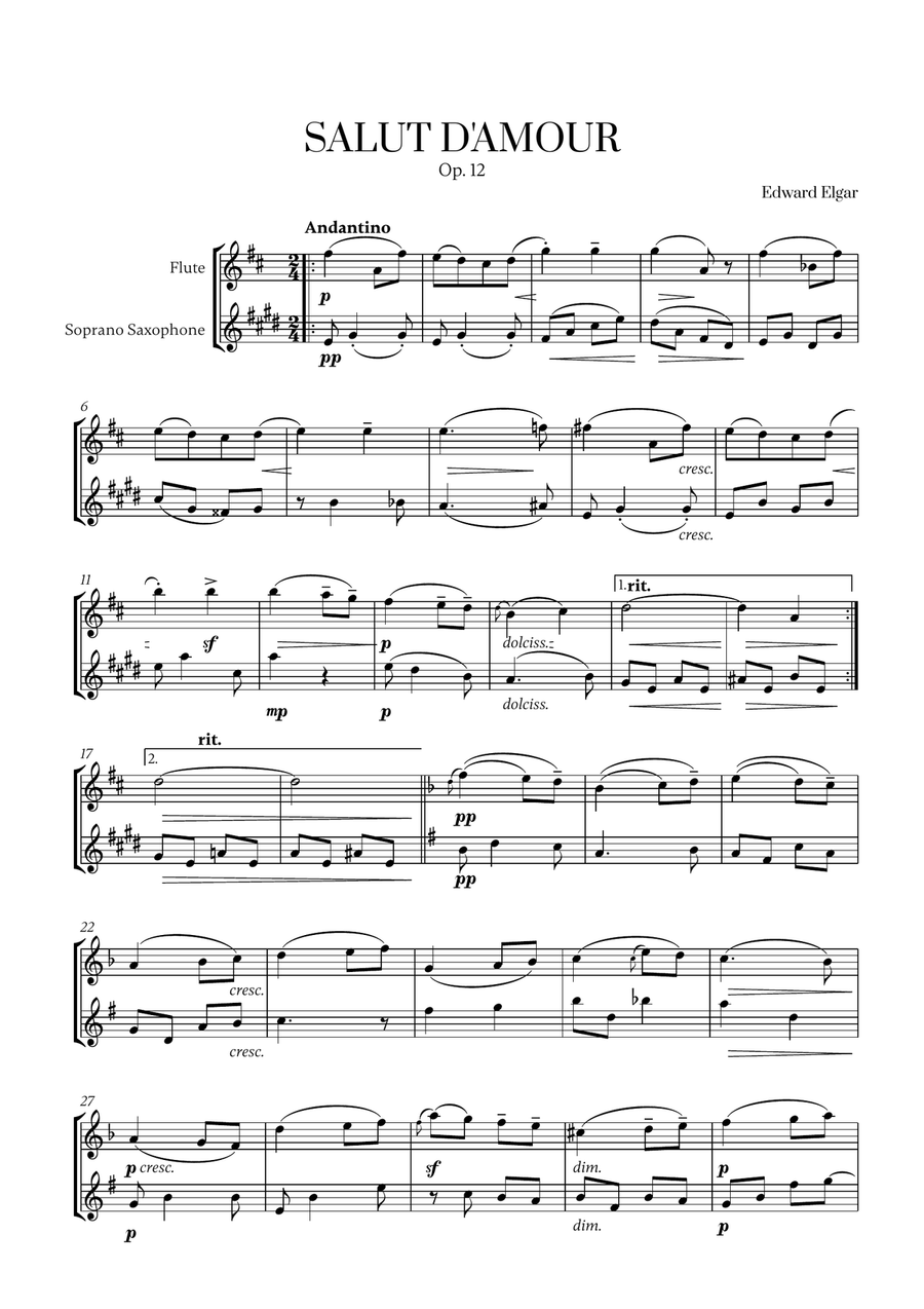 Edward Elgar - Salut d'Amour (D major) (for Flute and Soprano Saxophone) Woodwind Duet scores gallery preview page 1