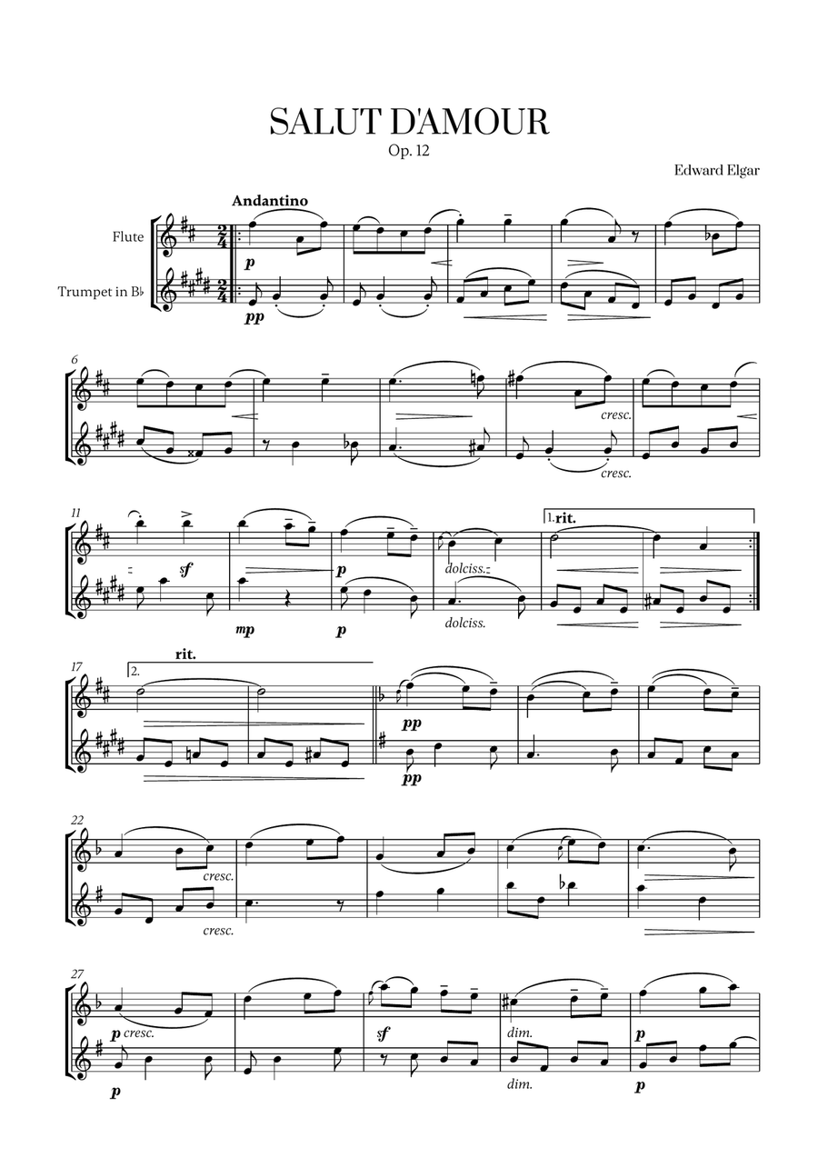 Edward Elgar - Salut d'Amour (D major) (for Flute and Trumpet) Flute scores gallery preview page 1