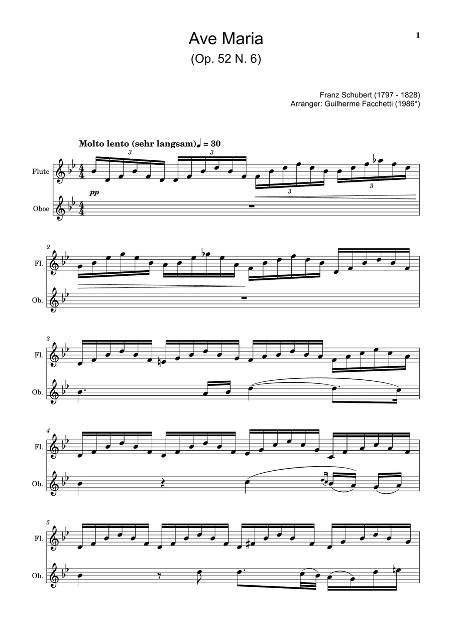 Ave Maria by F. Schubert – Arranged for Flute and Oboe Woodwind Duet scores gallery preview page 1