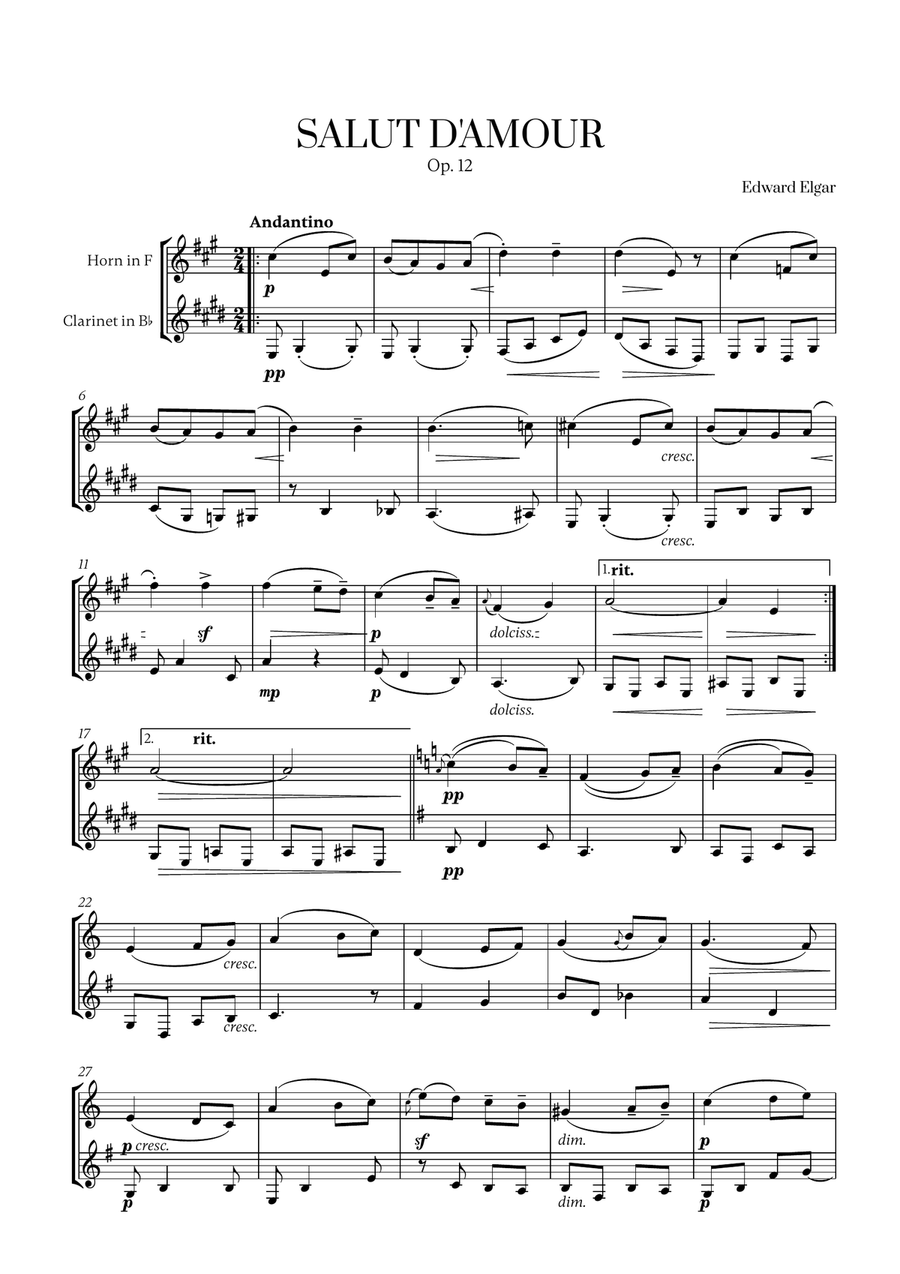 Edward Elgar - Salut d'Amour (D major) (for French Horn and Clarinet) Woodwind Duet scores gallery preview page 1
