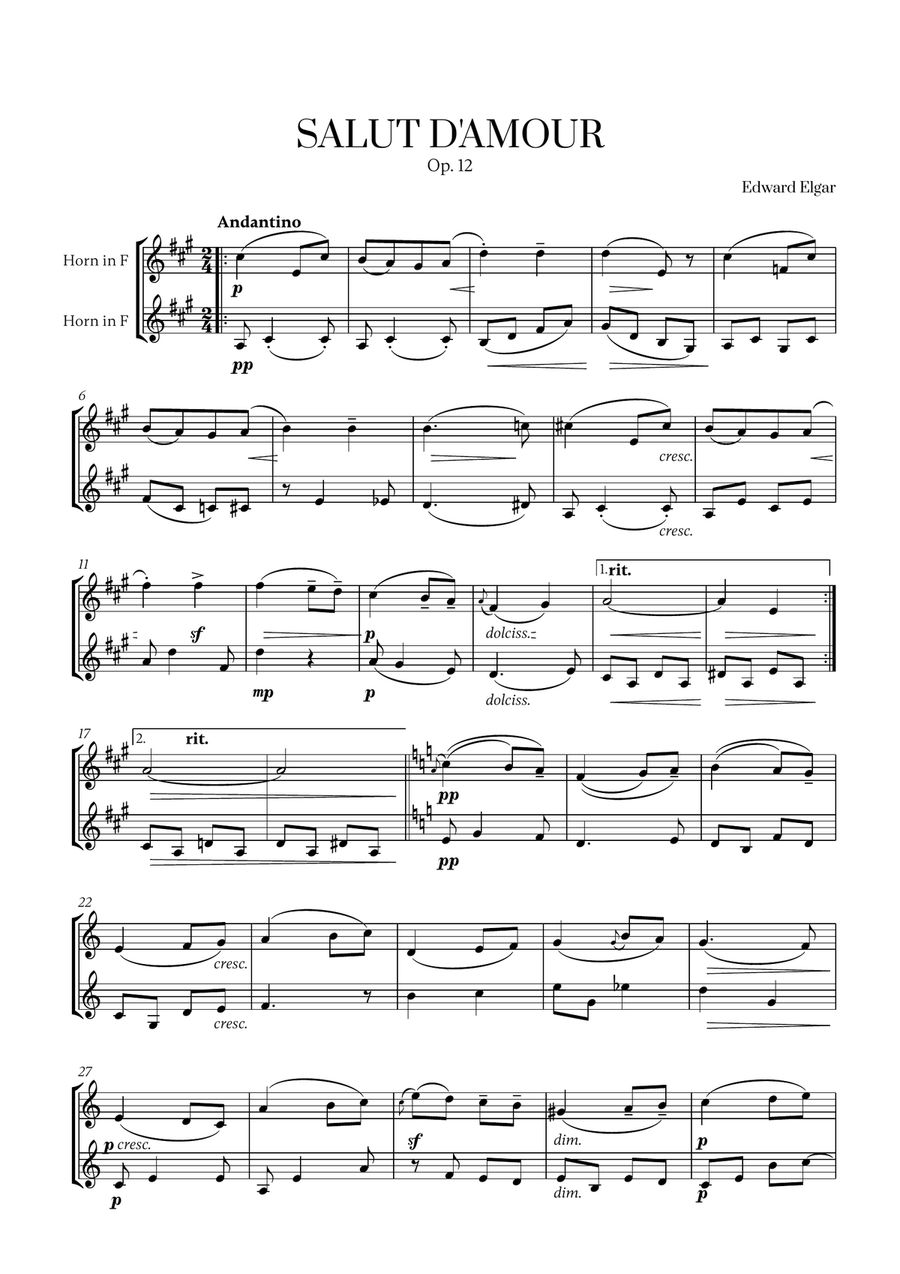 Edward Elgar - Salut d'Amour (D major) (for French Horn Duet) Brass Duet scores gallery preview page 1