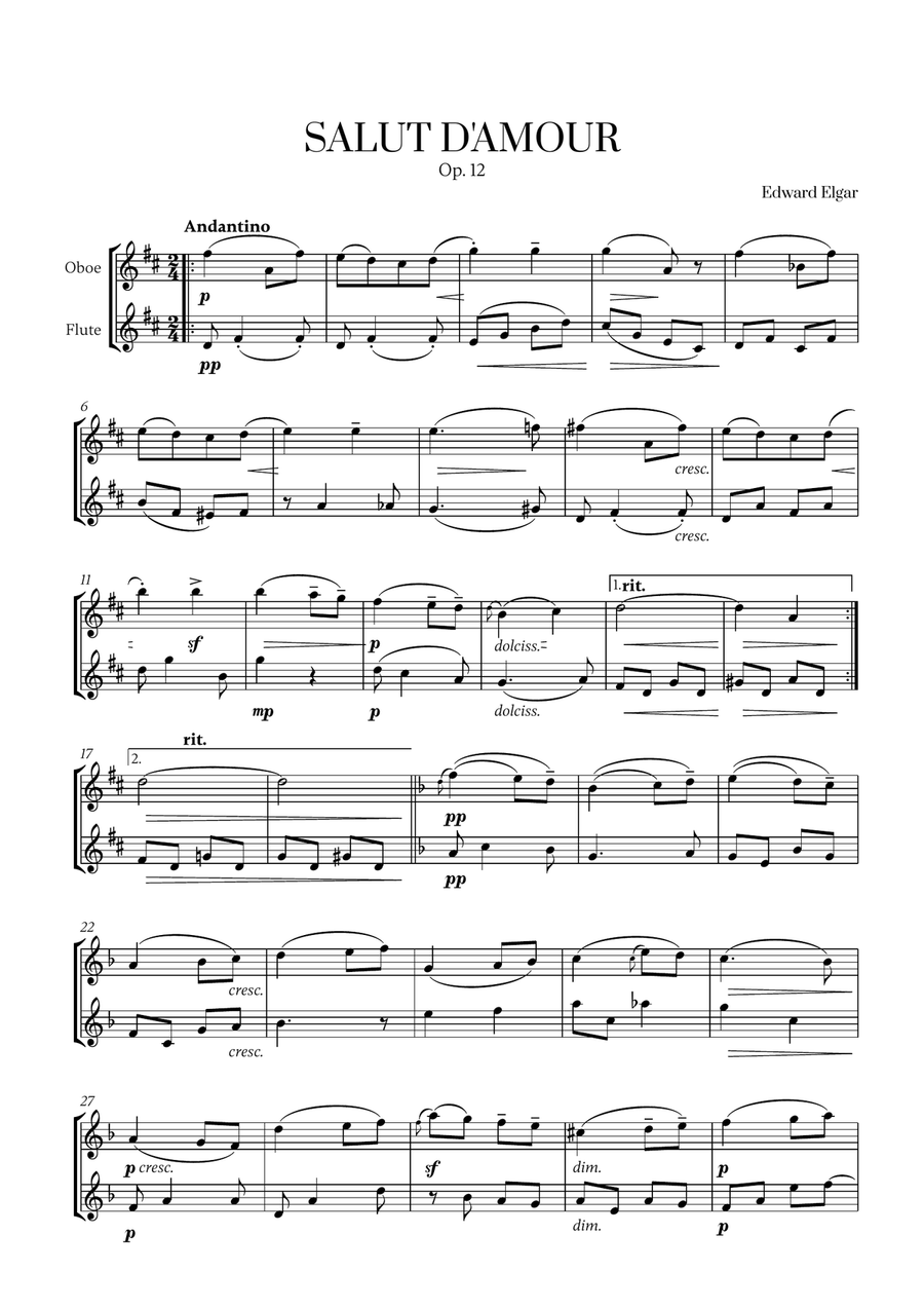 Edward Elgar - Salut d'Amour (D major) (for Oboe and Flute) Woodwind Duet scores gallery preview page 1