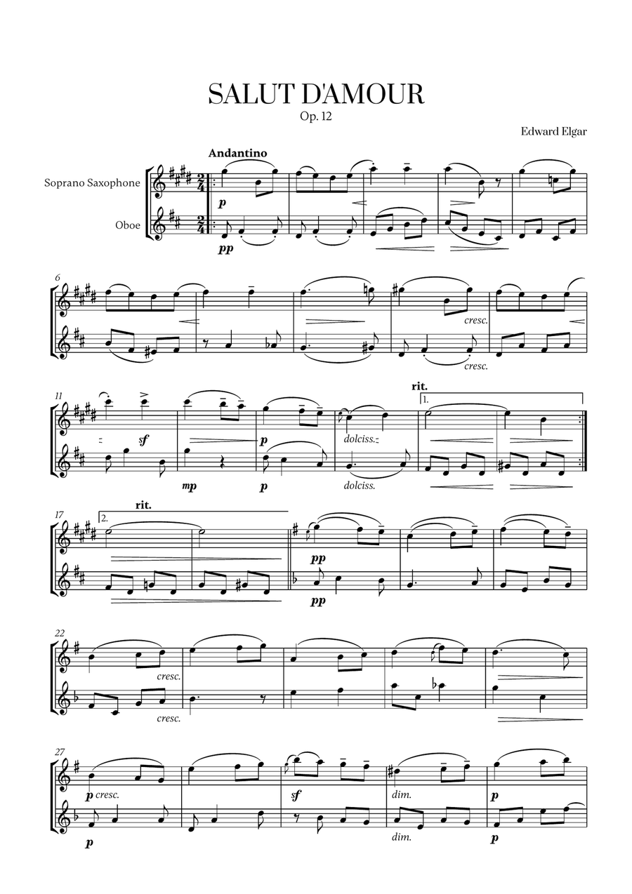 Edward Elgar - Salut d'Amour (D major) (for Soprano Saxophone and Oboe) Woodwind Duet scores gallery preview page 1