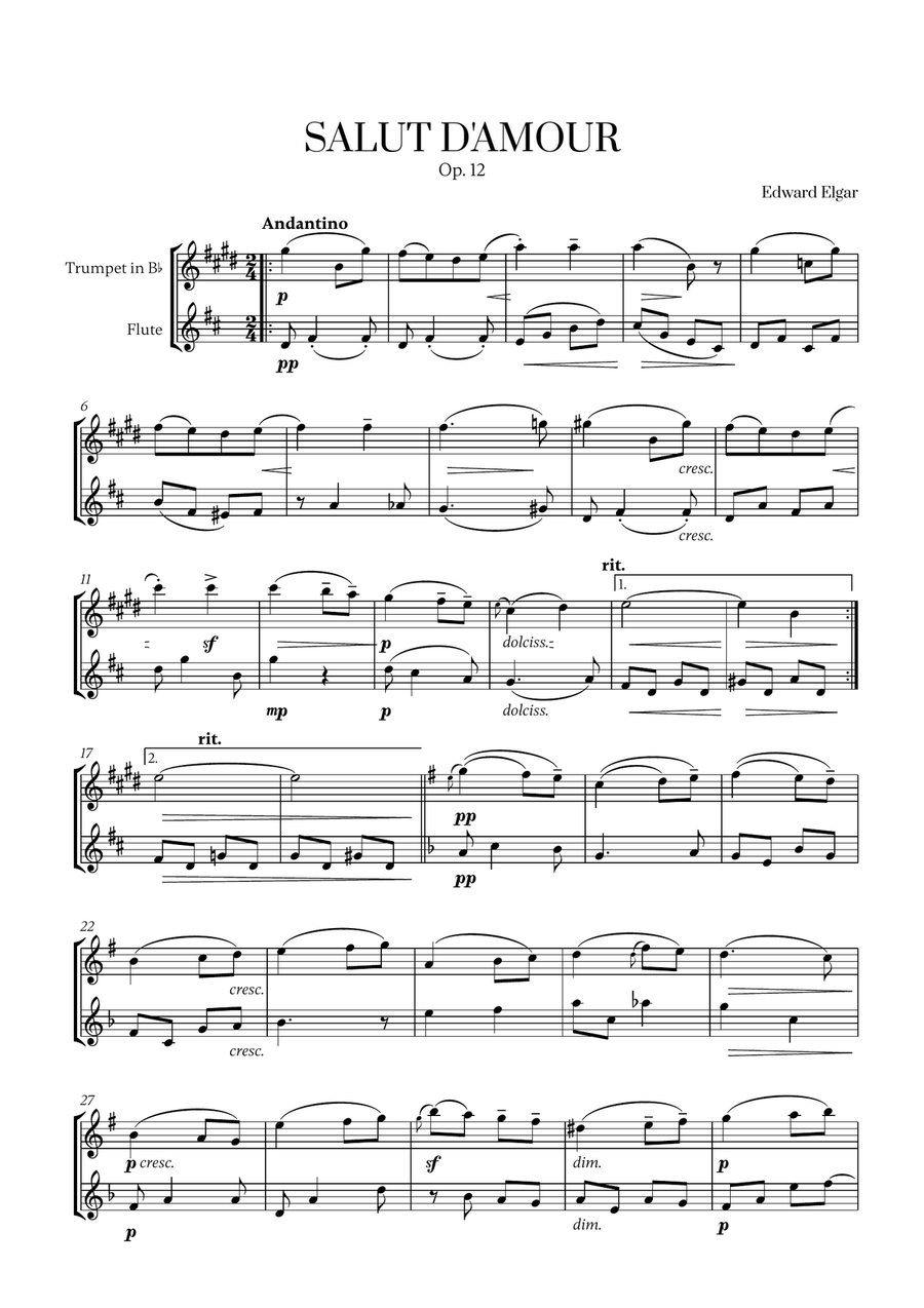 Edward Elgar - Salut d'Amour (D major) (for Trumpet and Flute) Flute scores gallery preview page 1