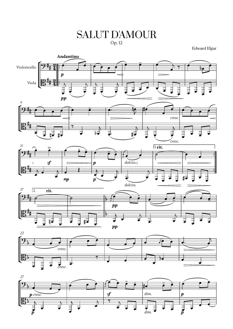 Edward Elgar - Salut d'Amour (D major) (for Cello and Viola) String Duet scores gallery preview page 1