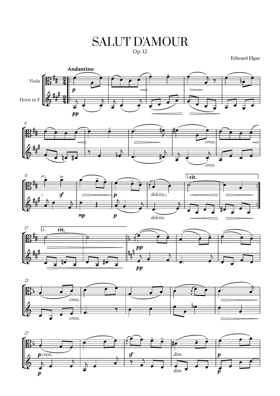 Edward Elgar - Salut d'Amour (D major) (for Viola and French Horn) Horn scores gallery preview page 1