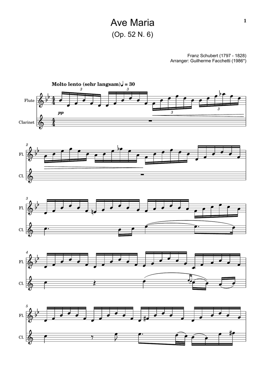 Ave Maria by F. Schubert – Arranged for Flute and Clarinet Woodwind Duet scores gallery preview page 1