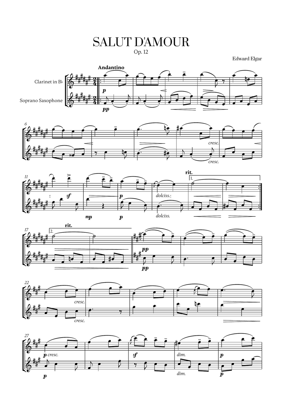 Edward Elgar - Salut d'Amour (for Clarinet and Soprano Saxophone) Woodwind Duet scores gallery preview page 1