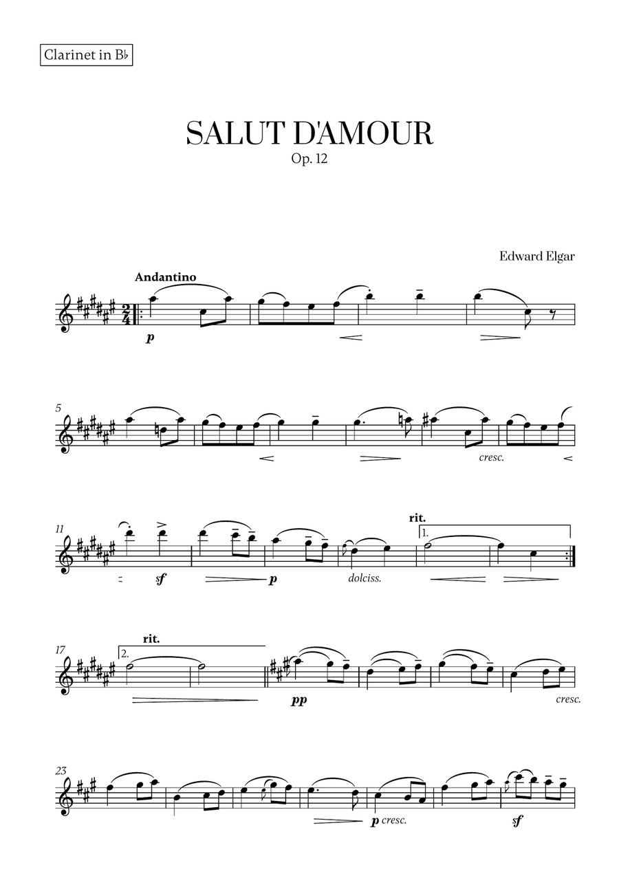 Edward Elgar - Salut d'Amour (for Clarinet and Violin) B-Flat Clarinet scores gallery preview page 4