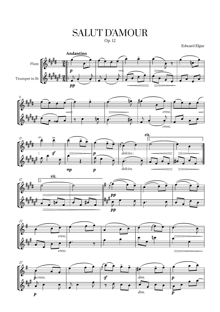 Edward Elgar - Salut d'Amour (for Flute and Trumpet) Flute scores gallery preview page 1