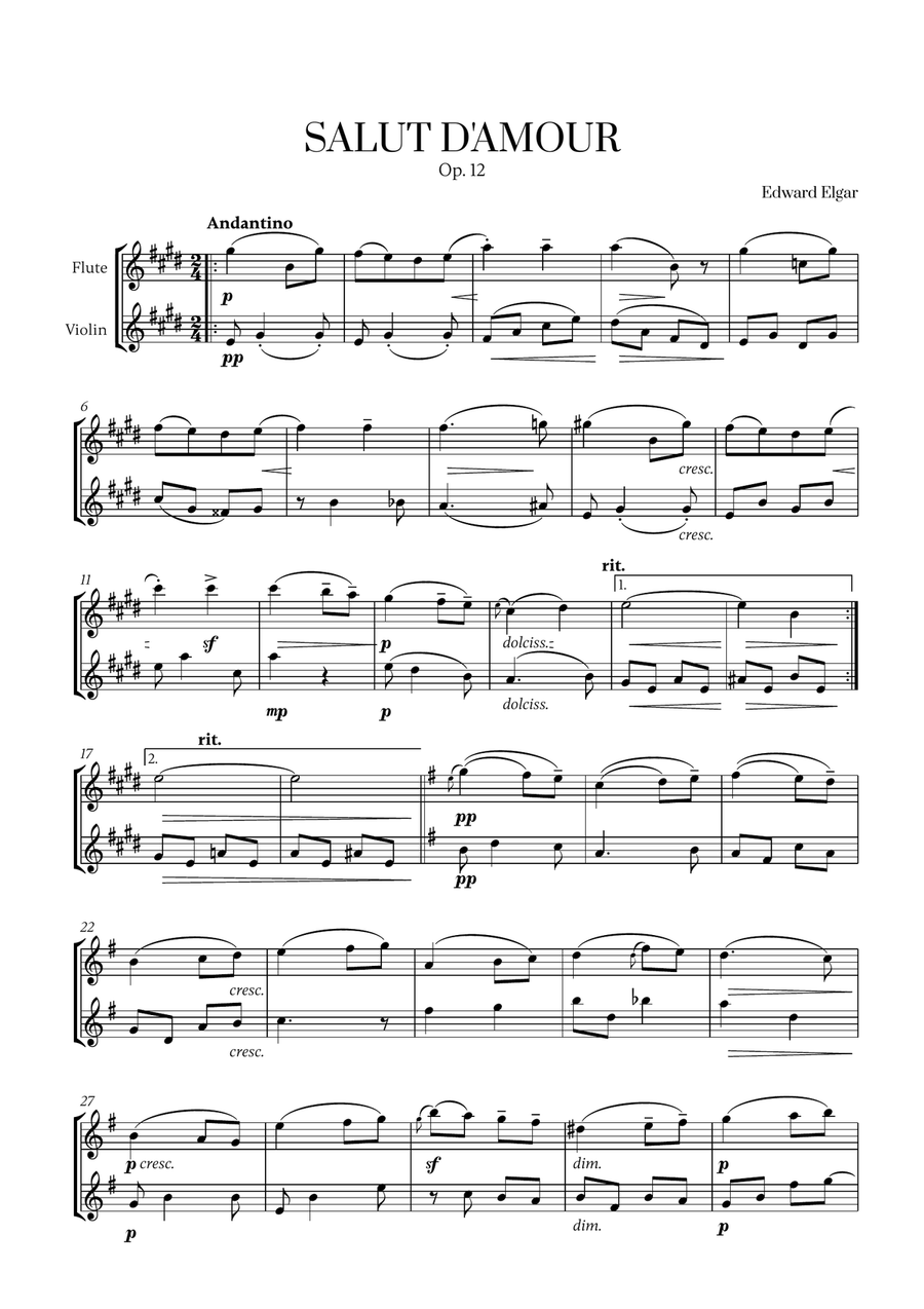 Edward Elgar - Salut d'Amour (for Flute and Violin) Flute scores gallery preview page 1