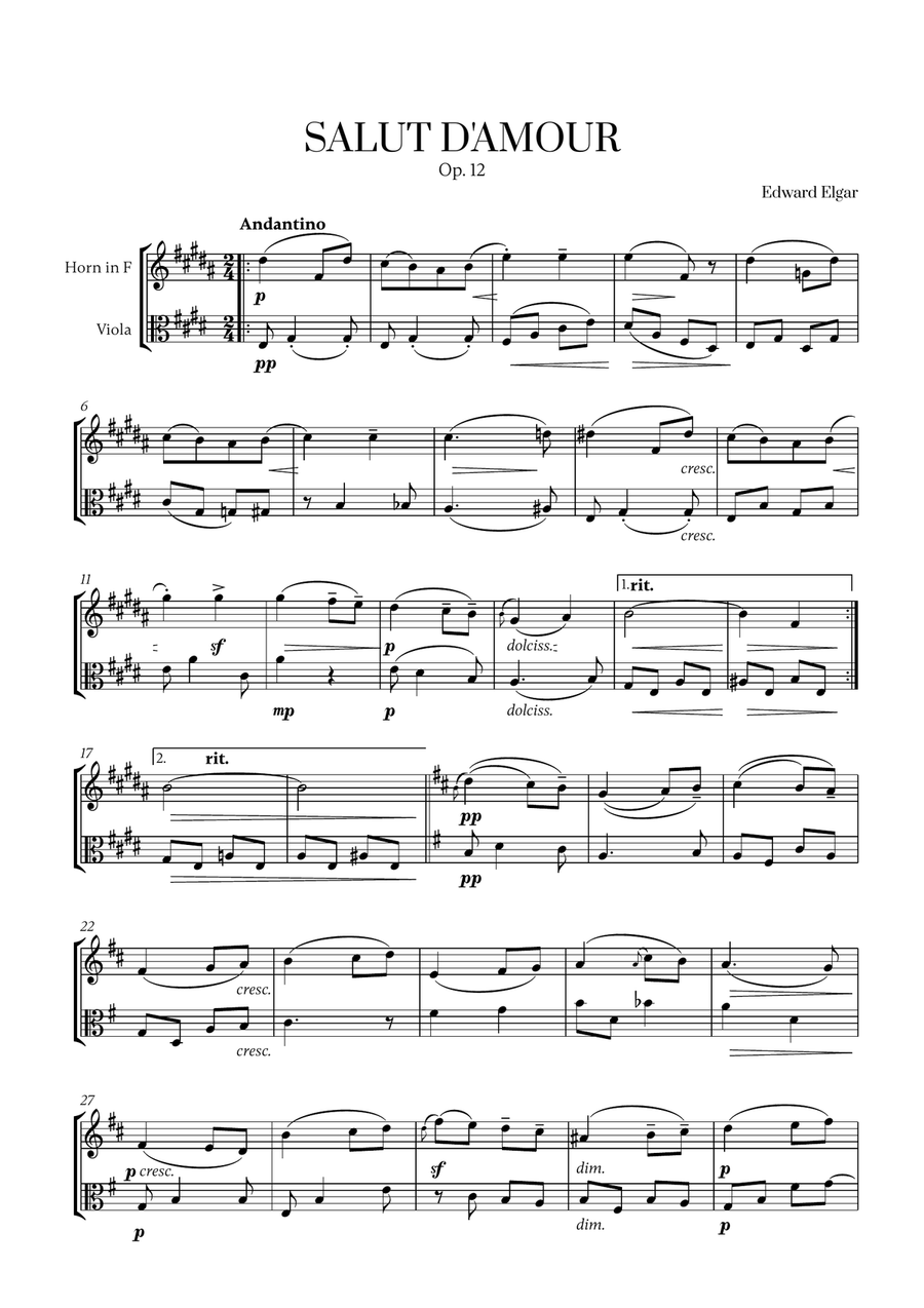 Edward Elgar - Salut d'Amour (for French Horn and Viola) Horn scores gallery preview page 1
