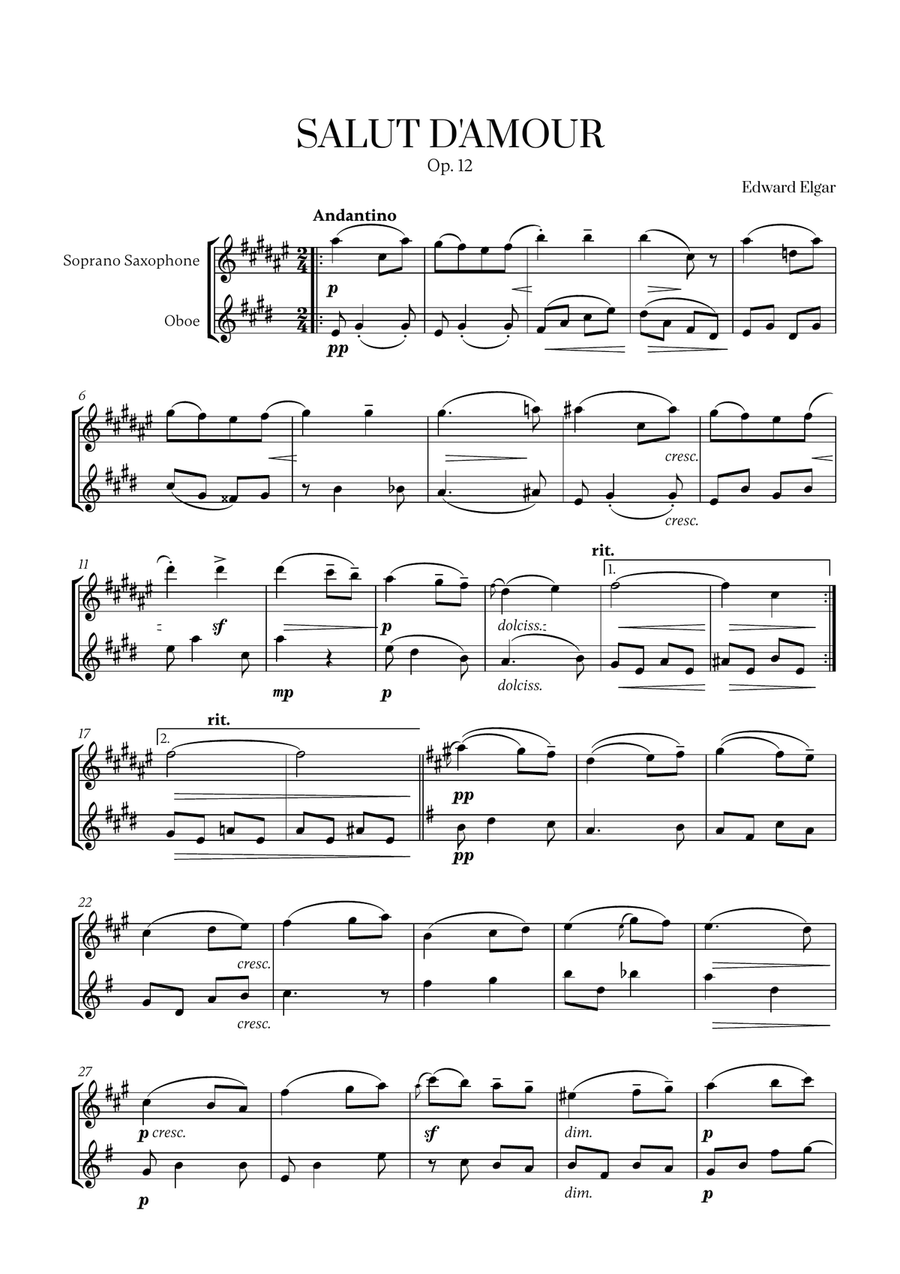 Edward Elgar - Salut d'Amour (for Soprano Saxophone and Oboe) Woodwind Duet scores gallery preview page 1
