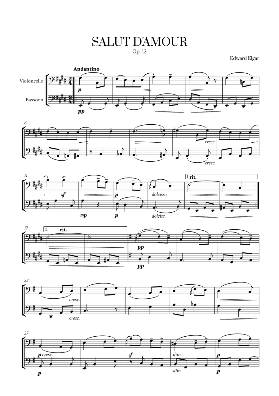 Edward Elgar - Salut d'Amour (for Cello and Bassoon) Bassoon scores gallery preview page 1
