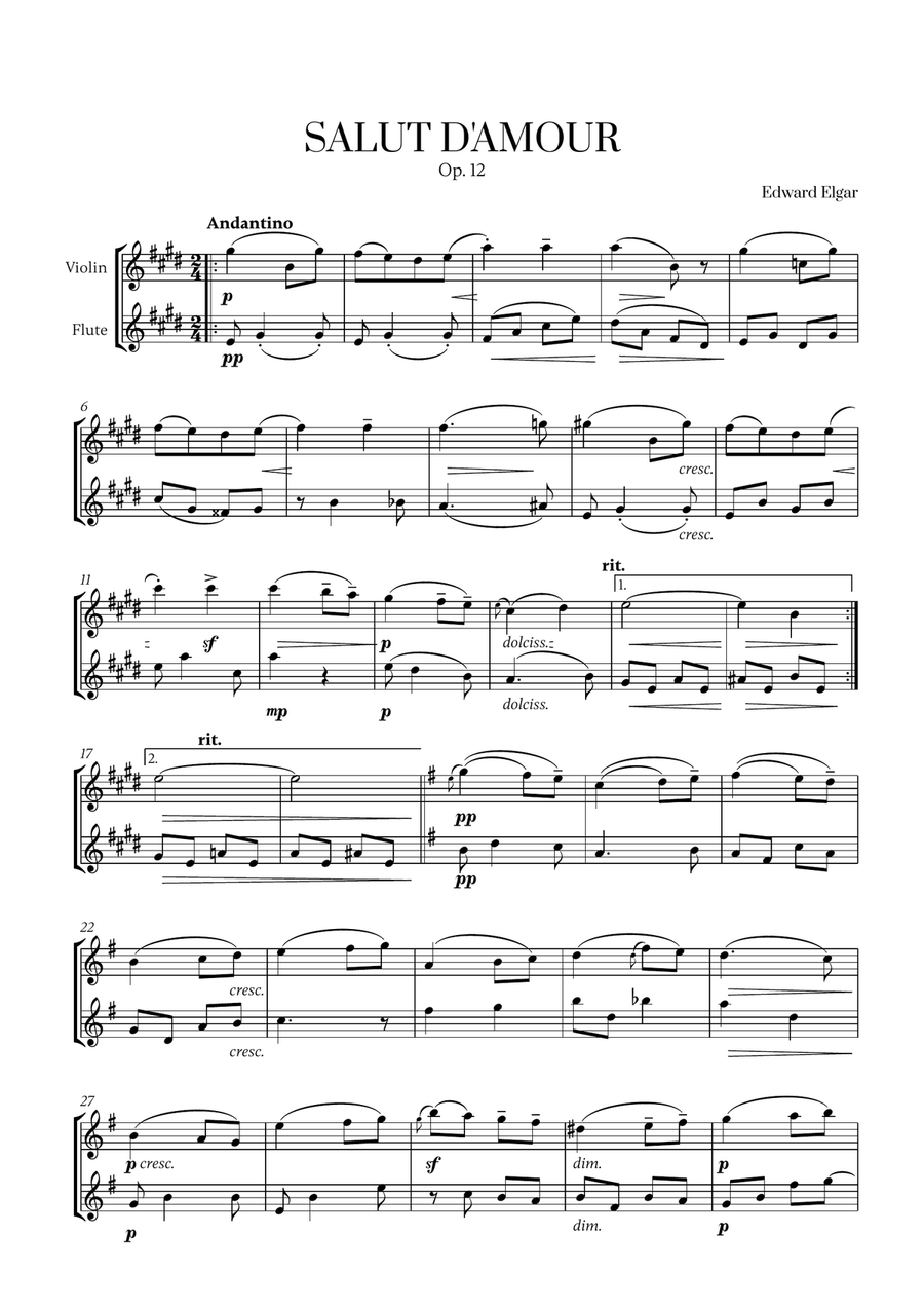 Edward Elgar - Salut d'Amour (for Violin and Flute) Flute scores gallery preview page 1