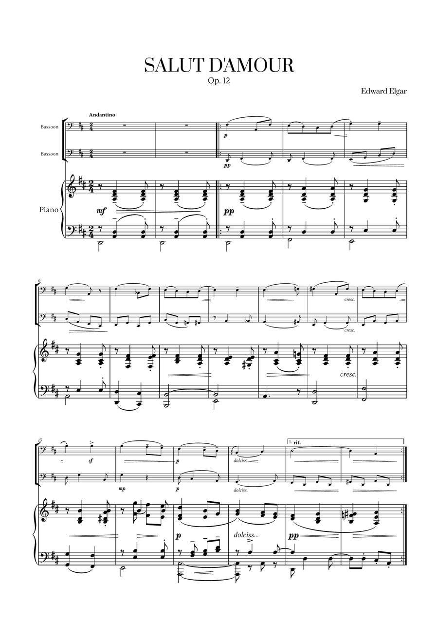 Edward Elgar - Salut d'Amour (D major) (for Bassoon Duet and Piano) Woodwind Duet scores gallery preview page 1