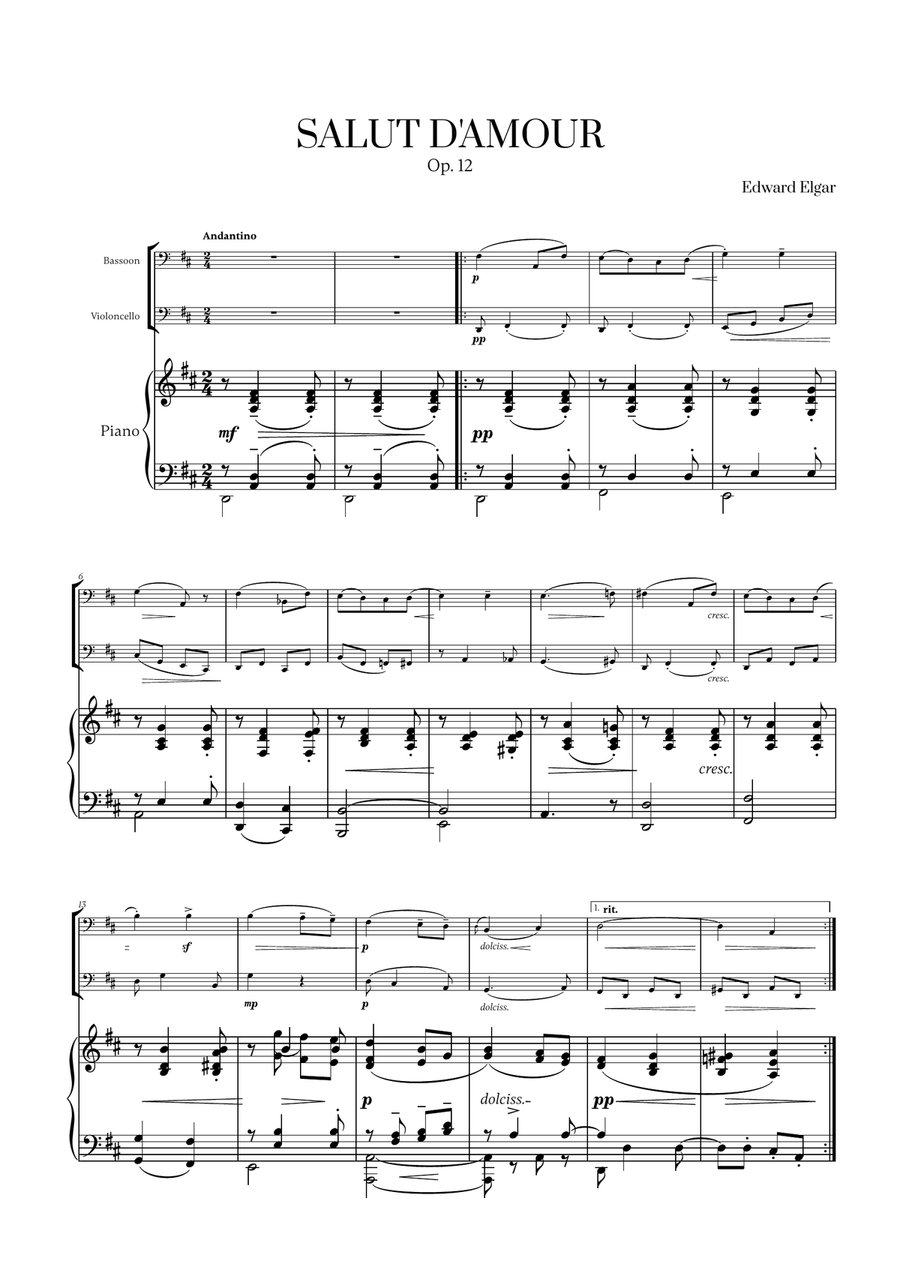 Edward Elgar - Salut d'Amour (D major) (for Bassoon, Cello and Piano) Bassoon scores gallery preview page 1