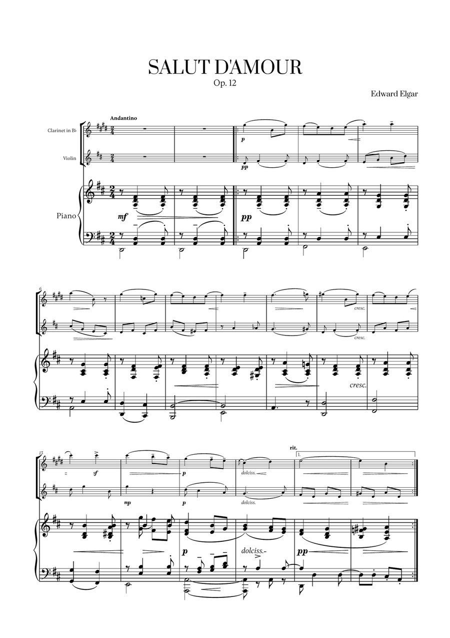 Edward Elgar - Salut d'Amour (D major) (for Clarinet, Violin and Piano) B-Flat Clarinet scores gallery preview page 1