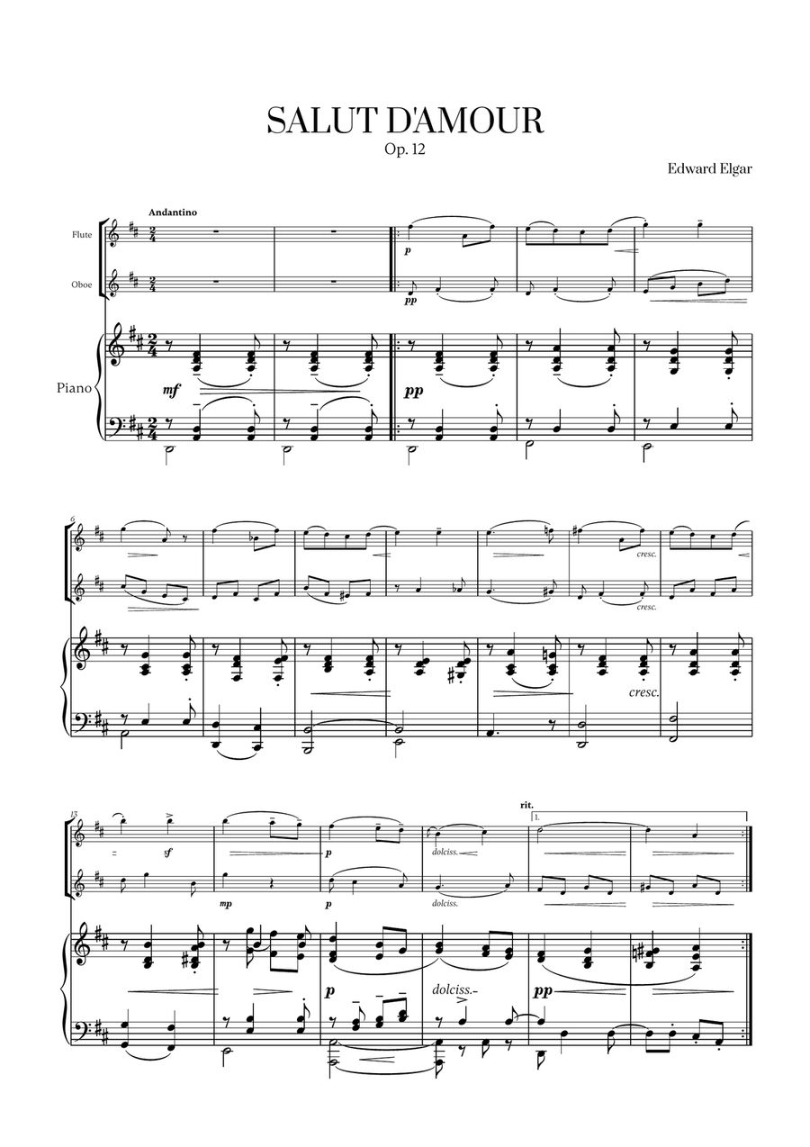 Edward Elgar - Salut d'Amour (D major) (for Flute, Oboe and Piano) Woodwind Duet scores gallery preview page 1