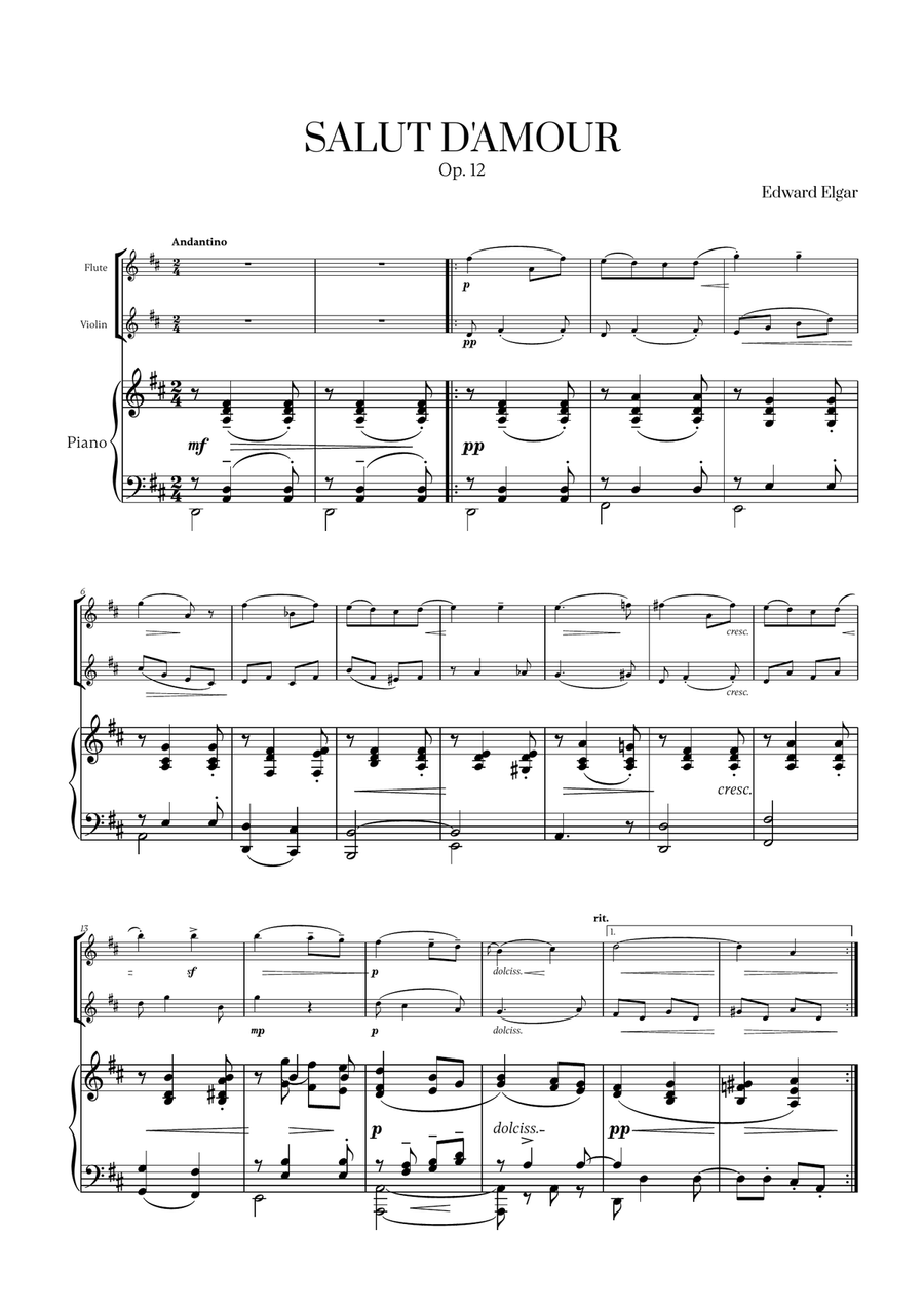 Edward Elgar - Salut d'Amour (D major) (for Flute, Violin and Piano) Flute scores gallery preview page 1