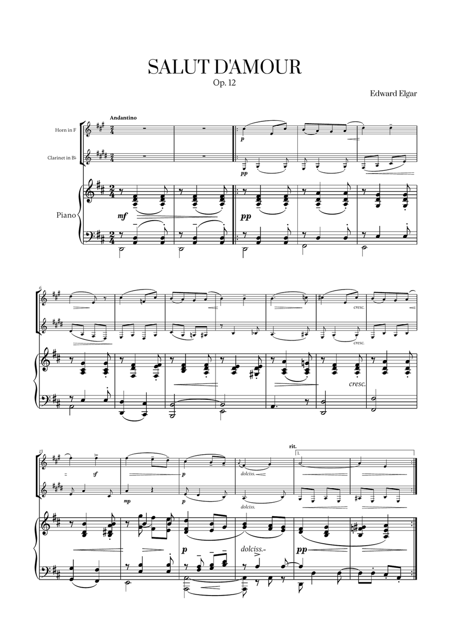 Edward Elgar - Salut d'Amour (D major) (for French Horn, Clarinet and Piano) Woodwind Duet scores gallery preview page 1